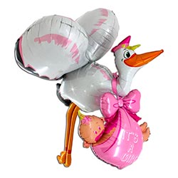 Folieballong som ser ut som en stork med bebis